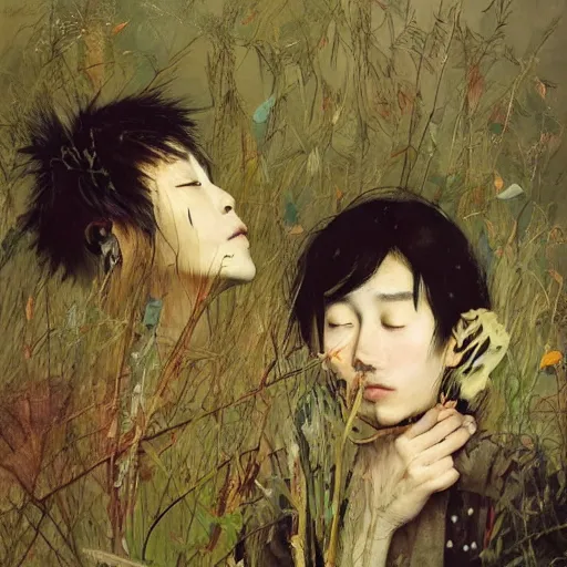 Prompt: a beautiful portrait of two young japanese lovers made of wind and plants and fragmented pieces, muted cold colors, consciousness of night, painting part by wojciech siudmak, part by ilya repin, part by norman rockwell, artstation