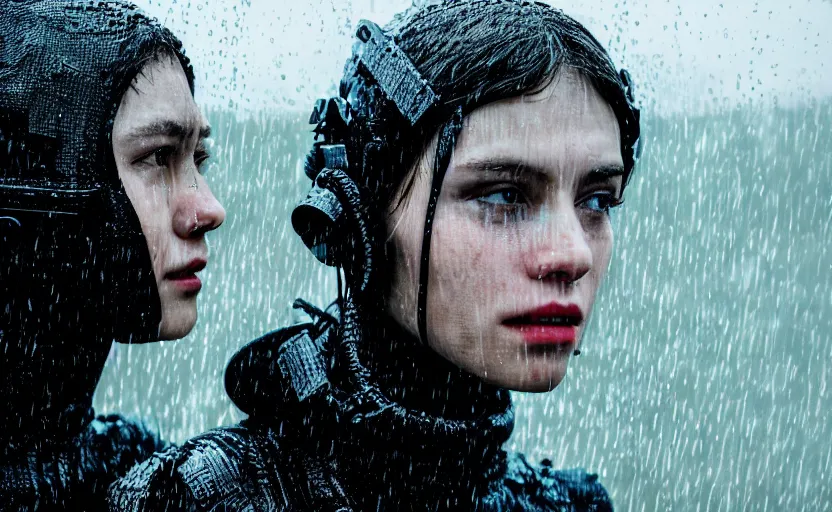 Image similar to cinestill 5 0 d candid photographic portrait by christopher nolan of two loving female androids wearing rugged black mesh techwear in treacherous waters, extreme closeup, modern cyberpunk moody emotional cinematic, pouring rain, 8 k, hd, high resolution, 3 5 mm, f / 3 2, ultra realistic faces, ex machina