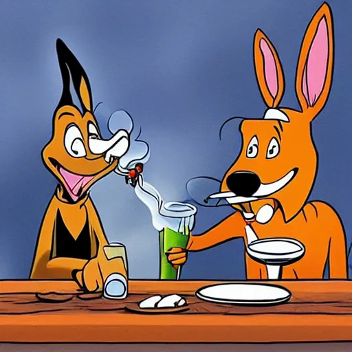 Image similar to a dog smoking weed, finnish cartoon, high detailed cartoon, warner brothers looney tunes