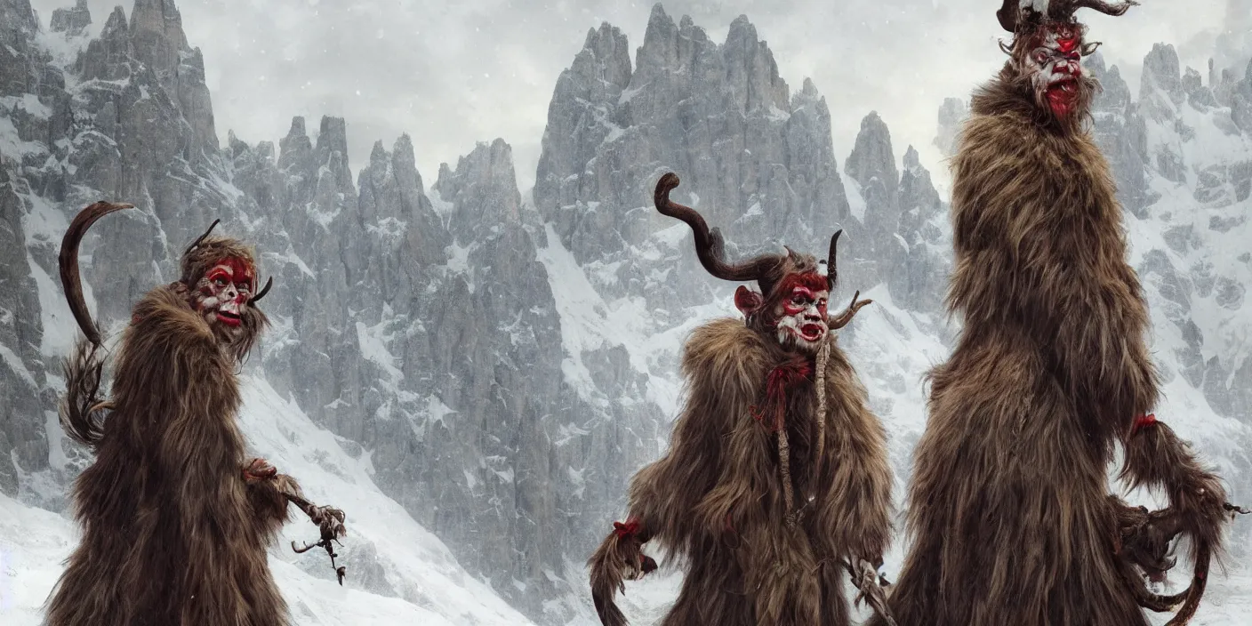 Prompt: a hyperrealistic photography of krampus as a female, dolomites and alpine forest in background, 8 k resolution, artstation, digital art, pretty face, very beautiful face, very detailed eyes, grainy, noisy, fog, by greg rutkowski, wlop, simon bosley, alphonse mucha