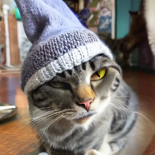 Image similar to a cat smoking weed and wearing a beanie, very stoned and tired