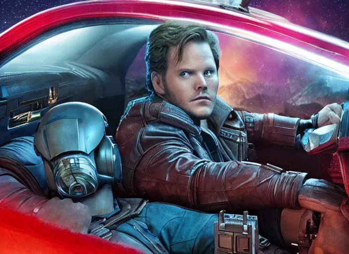 Image similar to a very high resolution image from a new movie, starlord. inside of a car. mountains, falling stars, directed by wes anderson