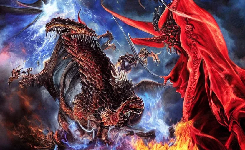 Image similar to keanu reeves dressed in wizard robes fighting a dragon on a fantasy battlefield