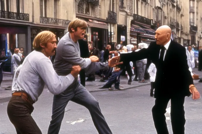 Prompt: owen wilson fighting patrick stewart in rue saint - jacques ( paris ), paul bearer, shot on film