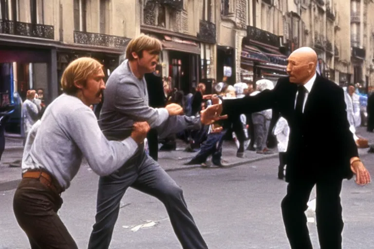 Image similar to owen wilson fighting patrick stewart in rue saint - jacques ( paris ), paul bearer, shot on film