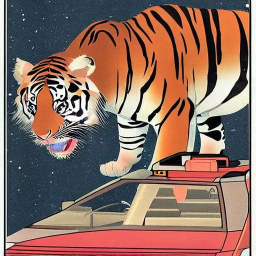 Image similar to a delorean protecting a tiger, japanese magazine collage, art by hsiao - ron cheng and utagawa kunisada