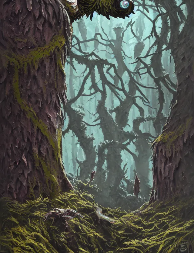 Prompt: raven god in the lichen woods. this gouache painting by the award - winning concept artist has an interesting color scheme, plenty of details and impeccable lighting.