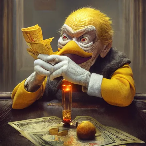 Image similar to hyperrealistic mixed media image of Scrooge McDuck, stunning 3d render inspired art by István Sándorfi and Greg Rutkowski, perfect facial symmetry, realistic, highly detailed attributes and atmosphere, dim volumetric cinematic lighting, 8k octane extremely hyper-detailed render, post-processing, masterpiece,