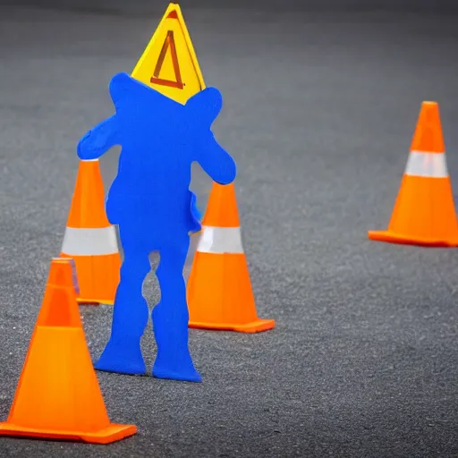 Image similar to a skeleton wearing a blue spendex suit with traffic - cones for hands