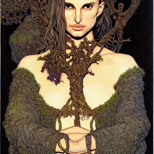 Image similar to a realistic, very beautiful and atmospheric portrait of a young and lithe natalie portman as a druidic warrior wizard looking at the camera with an intelligent but seductive gaze by rebecca guay, michael kaluta, charles vess and jean moebius giraud