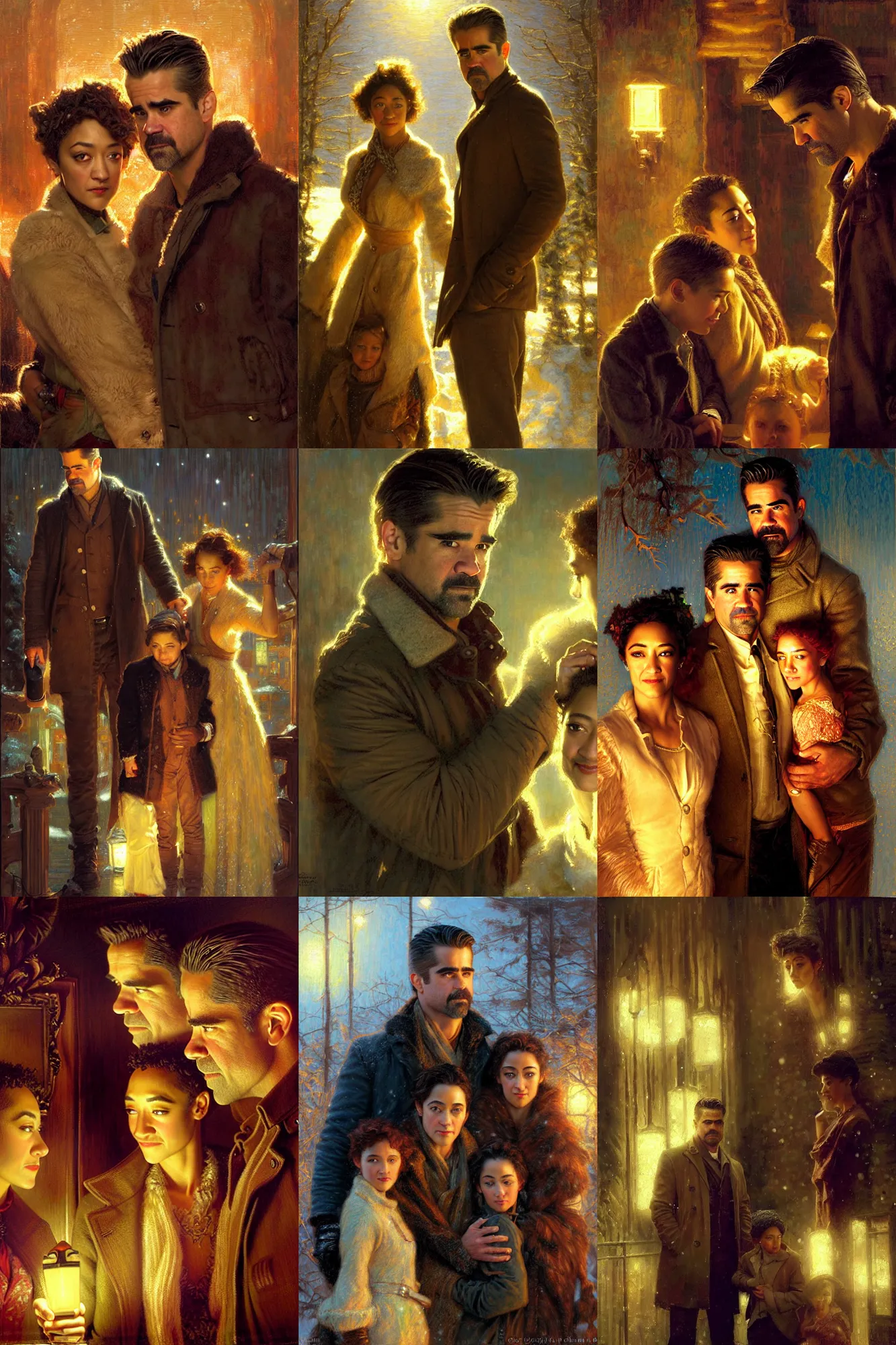 Prompt: winter, family, colin farrell with ruth negga, neon light, detailed faces, painting by gaston bussiere, craig mullins, j. c. leyendecker