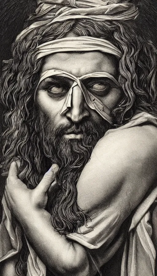 Image similar to full - body portrait of a creepy realistic jesus christ wearing blindfold!!!!!!!!!!!!!!!!!!!!!!!!, traditional art, dark, surrealism, german romanticism style, ornate and elegant, hightly detailed