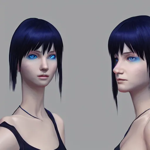 Image similar to « portrait, attractive, blue eyes, black hair, middle length hair, ghost in the shell, front view, unreal engine 5 »