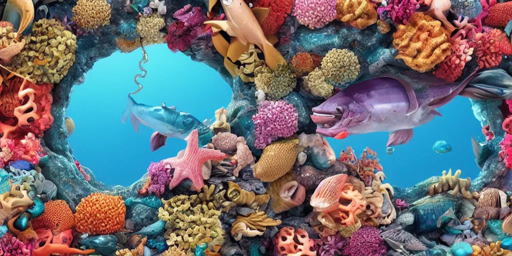 Prompt: a sculpture of ocean fish intertwined, a lovely cornucopia of flowers and human body parts, body parts, highly detailed, octane render, cinematic ， - h 7 6 8