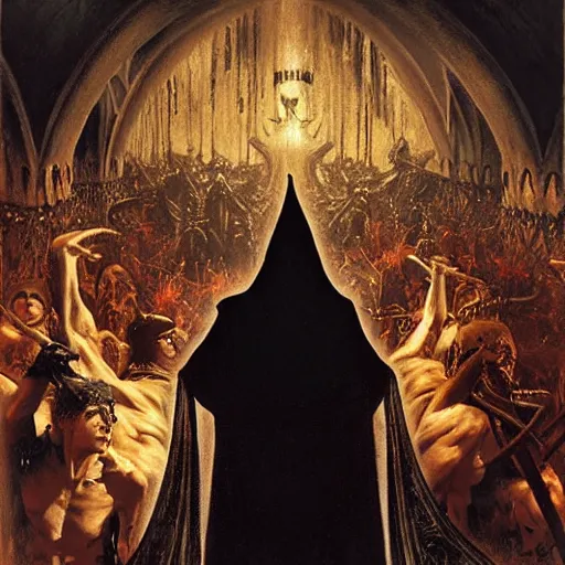 Image similar to dante's inferno, with people in black hooded tunic like in the film eyes wide shut of stanley kubrick, illuminati symbol, crows, skeletons, crosses, dark beauty, rotten gold, perfect faces, extremely detailed. highly detailed painting by gaston bussiere, craig mullins j. c. leyendecker 8 k