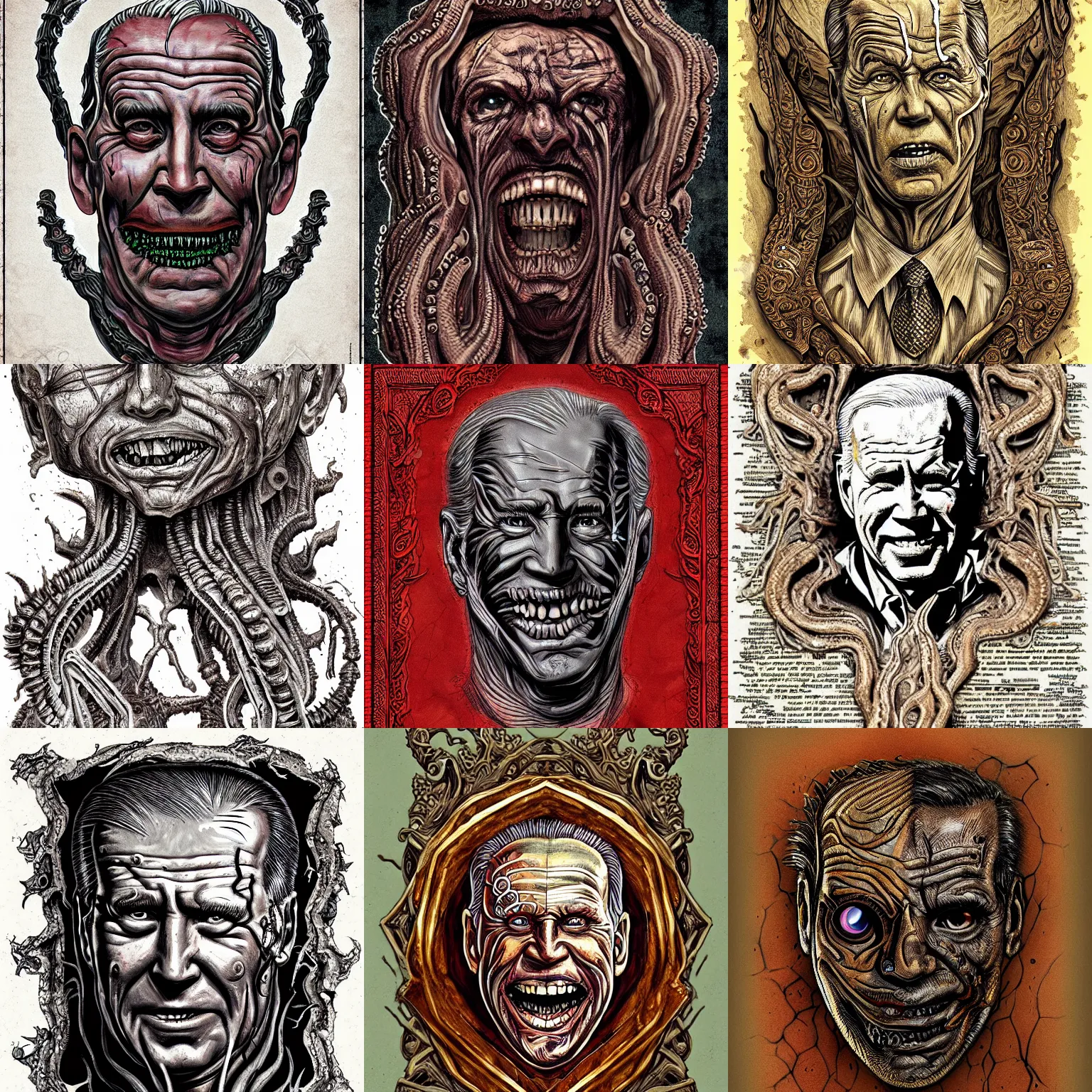 Prompt: lovecraftian bound human skin necronimicon with joe biden's ripped face sewed onto it, ornate, ancient, tome + concept art, intricate writing, realistic digital art, horror, artstation, junji ito