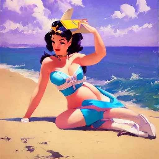 Image similar to pinup art of d. va from overwatch in a beach, artwork by greg manchess, medium shot, asymmetrical, organic painting, sunny day, matte painting, bold shapes, hard edges, street art, trending on artstation, by huang guangjian and gil elvgren and sachin teng 1 9 5 6