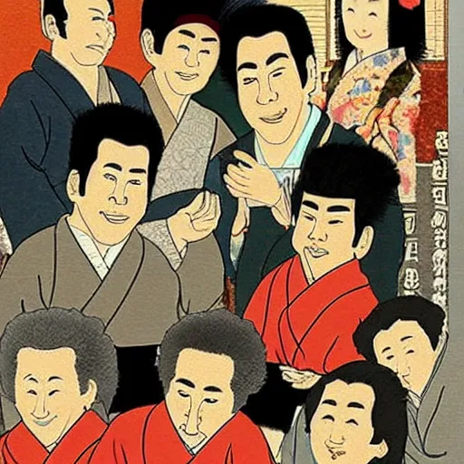 Image similar to ancient Japanese painting of Seinfeld characters in Jerry’s apartment, extremely detailed