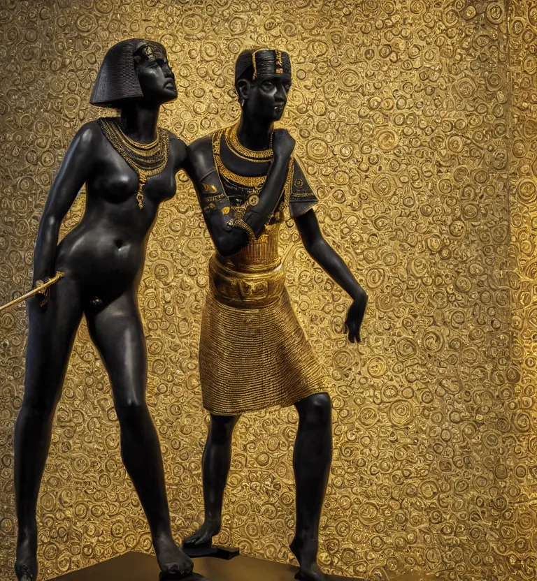 Image similar to a photo at the museum showing a black marble and gold full body sculpture of cleopatra. good quality, good light, anatomically correct, 8 k