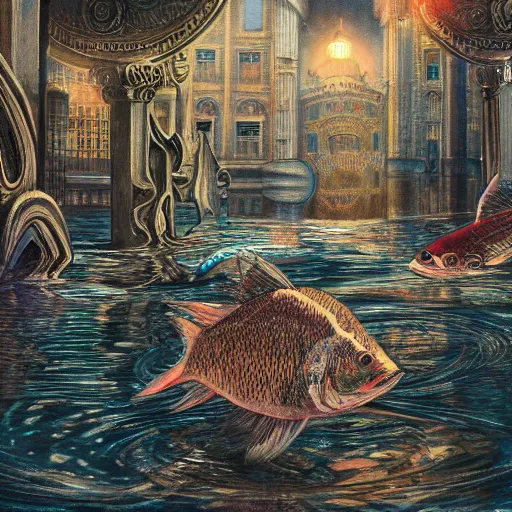 Prompt: fish swimming through a flooded city, deep aesthetic, hyper realism, highly ornate intricate details, 1 9 2 0's colored pencil, 4 k, cinematic lighting,