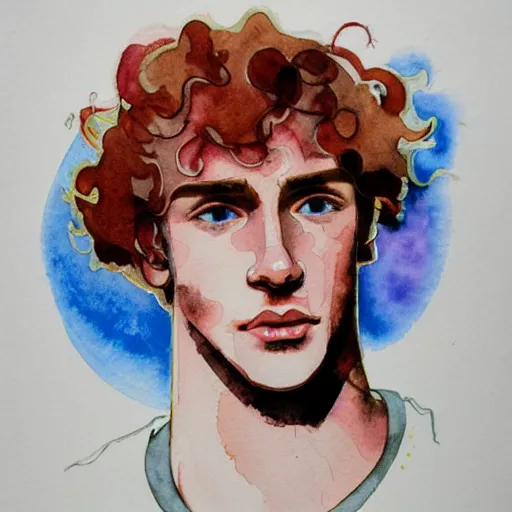 Image similar to abstract experimental watercolor drawing of a young cute handsome beautiful strawberry blond medium curly hair man in his early 2 0 s wearing a blank maroon t - shirt with grey - blue eyes, by elizabeth peyton and alphonse mucha, trending on artstation, artgen