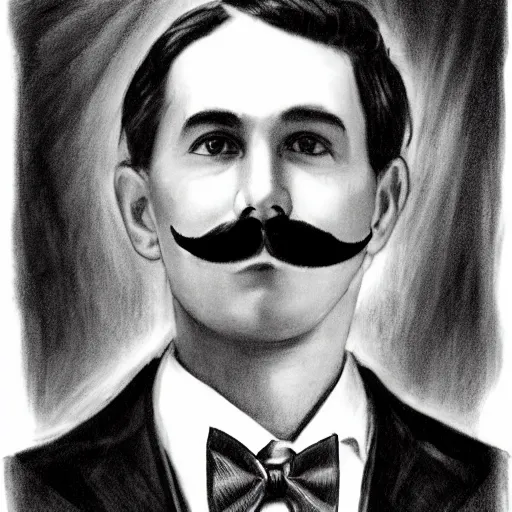 Image similar to charcoal portrait of an early 20th century occult detective mustache, bow tie