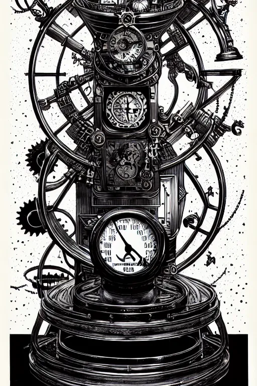 Image similar to a majestic steampunk alchemists weighing scale, furniture, high details, bold line art, by vincent di fate and joe fenton, inking, etching, screen print, masterpiece, trending on artstation, sharp, high contrast, hyper - detailed,, hd, 4 k, 8 k