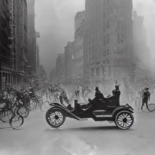 Image similar to old black and white photo, 1 9 1 3, depicting a ghost rider rampaging through the bustling streets of new york city, historical record