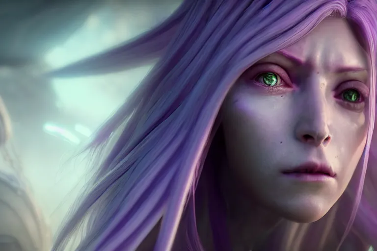 Image similar to an ultra realistic, cinematic, close up portrait, of a pale woman in sci - fi armor with flowing purple hair,, sylvanas windrunner, soft light, dreamy, facial features, standing in a space ship wreck, detailed, deep focus, movie still, dramatic lighting, ray tracing, by michal karcz and yoshitaka and david cronenberg