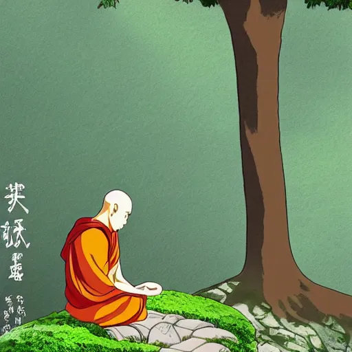 Prompt: Meditating Buddhist monk sat at the base of a large tree on top of a green hill artwork by studio Ghibli