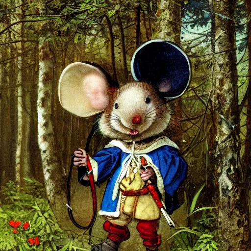 Image similar to an adventurous anthropomorphic mouse wearing medieval clothing walking through a lush forest, vasnetsov, 4k resolution