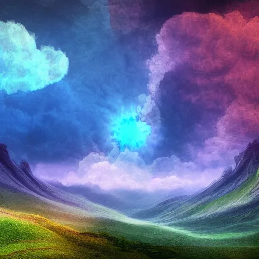 Prompt: digital artwork of a beautiful fantasy landscape of magical mountains encircled by clouds, mist, auras