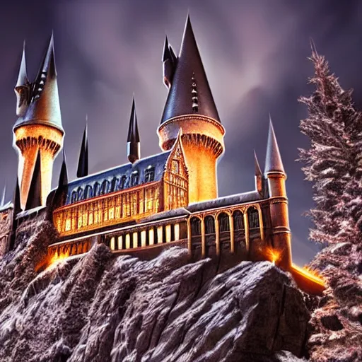 Prompt: photograph of hogwarts at night, highly detailed, smooth, sharp focus, winter