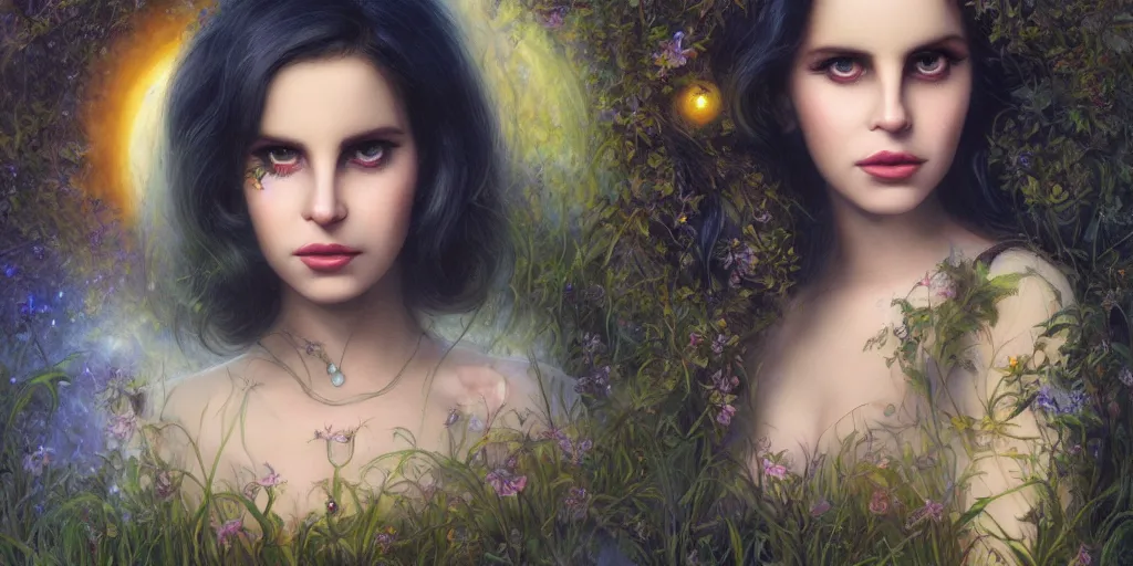 Image similar to big-eyed Lana Del Rey staring into the camera, sundown misty firefly wisps, Lilia Alvarado, Sophie Anderson, Mark Arian, Bob Byerley, Charlie Bowater, Mark Brooks, Steve Henderson, Justin Gerard, Arthur Hughes, Edward Robert Hughes, Mark Keathley, Victor Nizovtsev, Carlos Shwabe, Ross Tran, WLOP