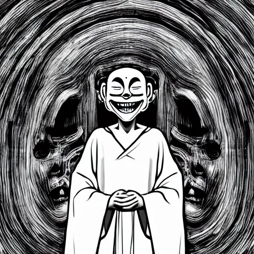 Image similar to A hunched figure wearing white robes with a smiling Greek theater mask, white robes, smiling mask, theater mask, greek mask, ancient greece, creepy smile, hunched figure, manga art, manga, Junji Ito, Junji Ito artwork, Ito Junji art, 4k