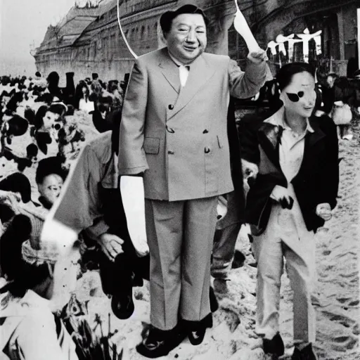 Image similar to george soros dressed as mao tse dong. where's wally, on a beach with beautiful girls, flying a kite, by slavador dali