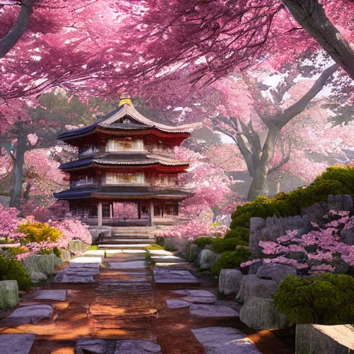 Prompt: Temple under Sakura Trees, photorealistic, hyper detailed, 8k, beautiful artwork, fantastic landscape, magical fairy landscape, volumetric lighting, octane render