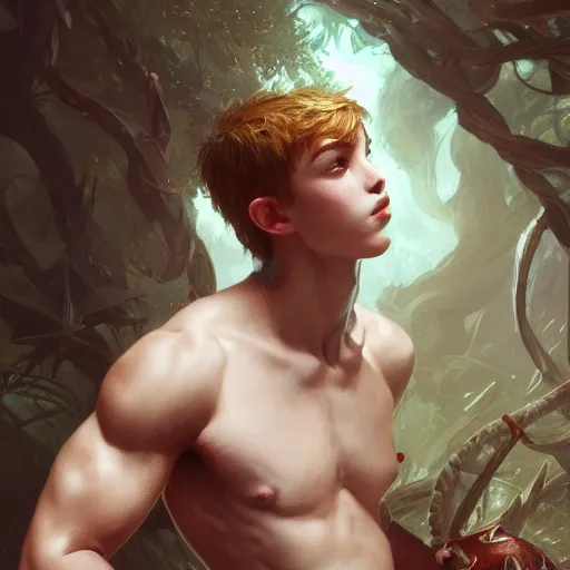 Prompt: photography of teenage boy, shirtless, deep focus, d & d, fantasy, intricate, elegant, highly detailed, digital painting, artstation, concept art, matte, sharp focus, illustration, hearthstone, art by artgerm and greg rutkowski and alphonse mucha