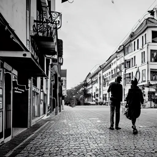 Prompt: black man and white woman walking in belgrade, photo award winning