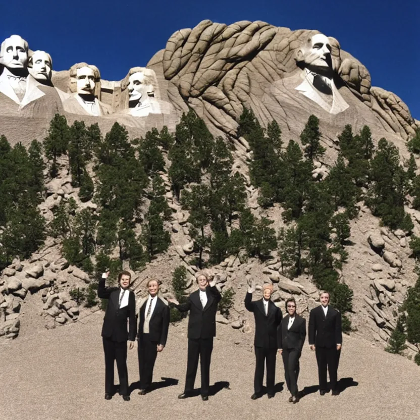 Image similar to slendertubbies as the founding fathers at mt. rushmore