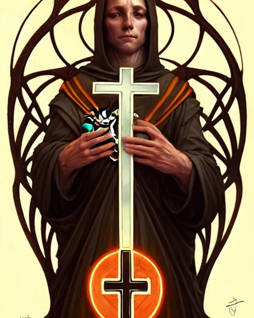 Image similar to Holy medieval astronaut portrait holding a cross, art nouveau, fantasy, intricate galactic designs, elegant, highly detailed, sharp focus, art by Artgerm and Greg Rutkowski and WLOP