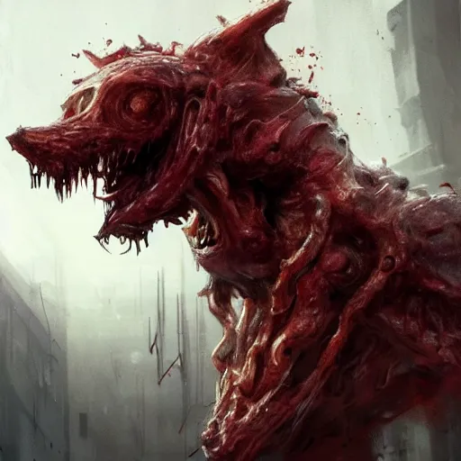 Image similar to concept art by greg rutkowski, dog - shaped monster made of twisted meat and reddish ooze, roaming the colony, looking rabid, in a claustrophobic, futuristic and brutalist environment, frightening and creepy atmosphere, scifi, highly detailed portrait, digital painting, artstation, concept art, smooth, sharp foccus ilustration, artstation hq