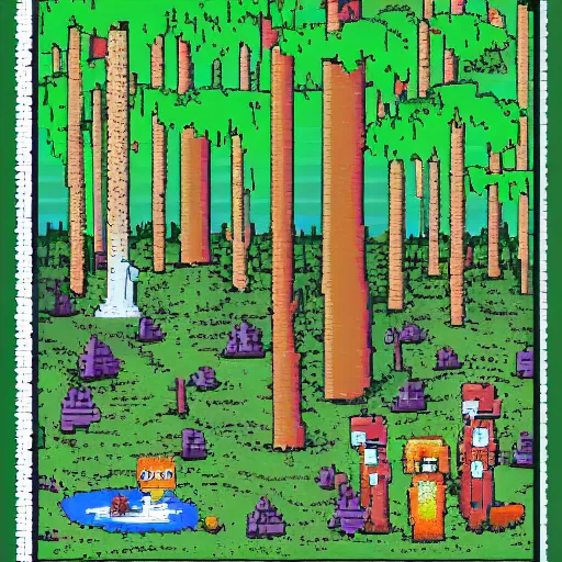 Image similar to pixel art forest in the style of the far side ( print comic )