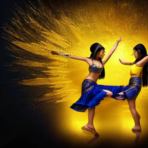 Prompt: two asian girls dancing, liquid golden and black fluid, magic hour, dramatic light, liquid painting, golden bodypaint, yellow and blue lightning, world best photography, indian patterns, bokeh, golden jewelry filigree, body detaily, ornaments, fresco by michaelangelo, golden rays, god rays, epic cinematic wallpaper