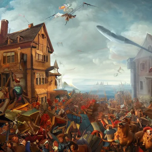 Image similar to a highly detailed oil painting of a giant dachshund smashing houses, renaissance, bystanders watching from the sides, 4 k, by ariduka 5 5, monokubo, artstation,