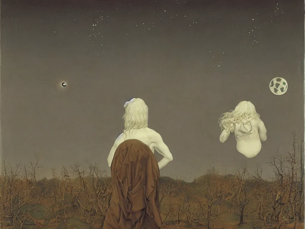 Image similar to albino mystic, with his back turned, looking at a comet over the forest in the distance. Painting by Jan van Eyck, Audubon, Rene Magritte, Agnes Pelton, Max Ernst, Walton Ford
