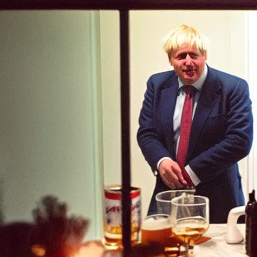 Image similar to grainy telephoto shot through a window at night of Boris Johnson standing in a kitchen and holding a bottle of beer