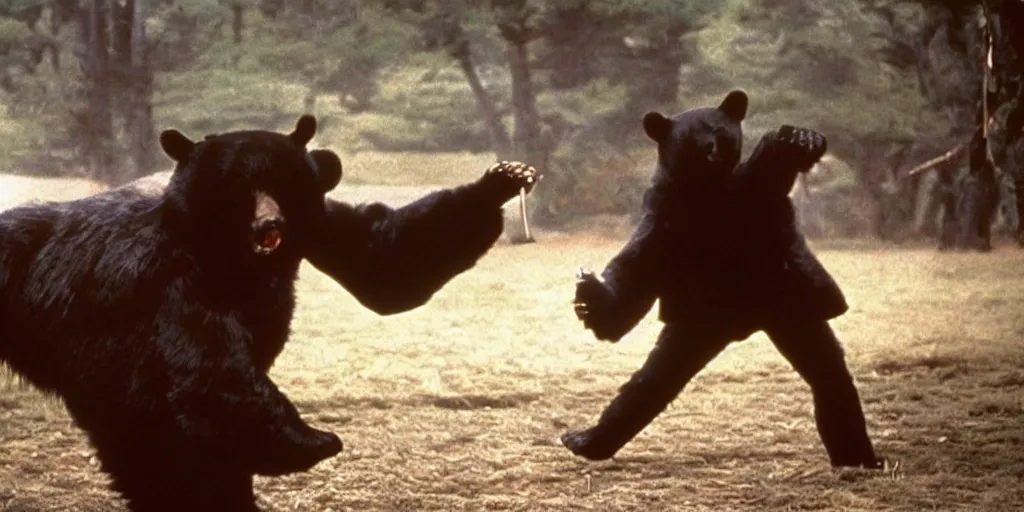 Image similar to scene from Shogun’s Shadow, 1989, movie still, cinematic, anthropomorphic, half man half asian black bear, black bear samurai, epic, samurai