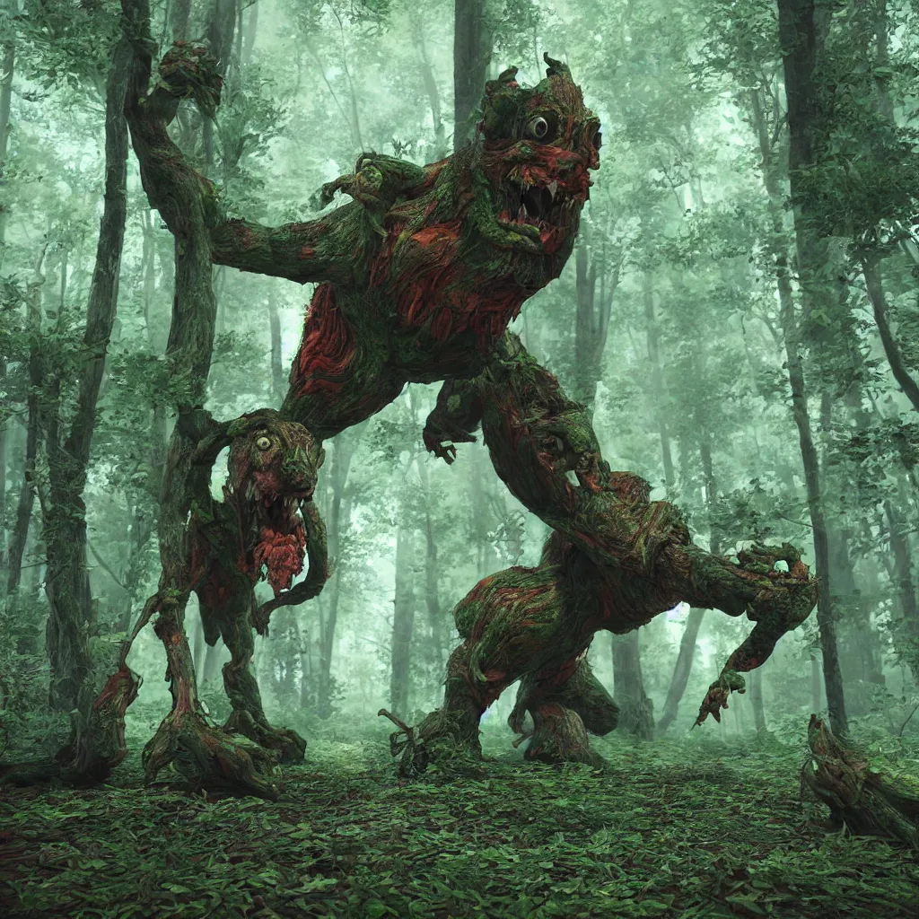 Image similar to funky forest movie monster digital art, redshift render, hyperrealistic, ray - tracing