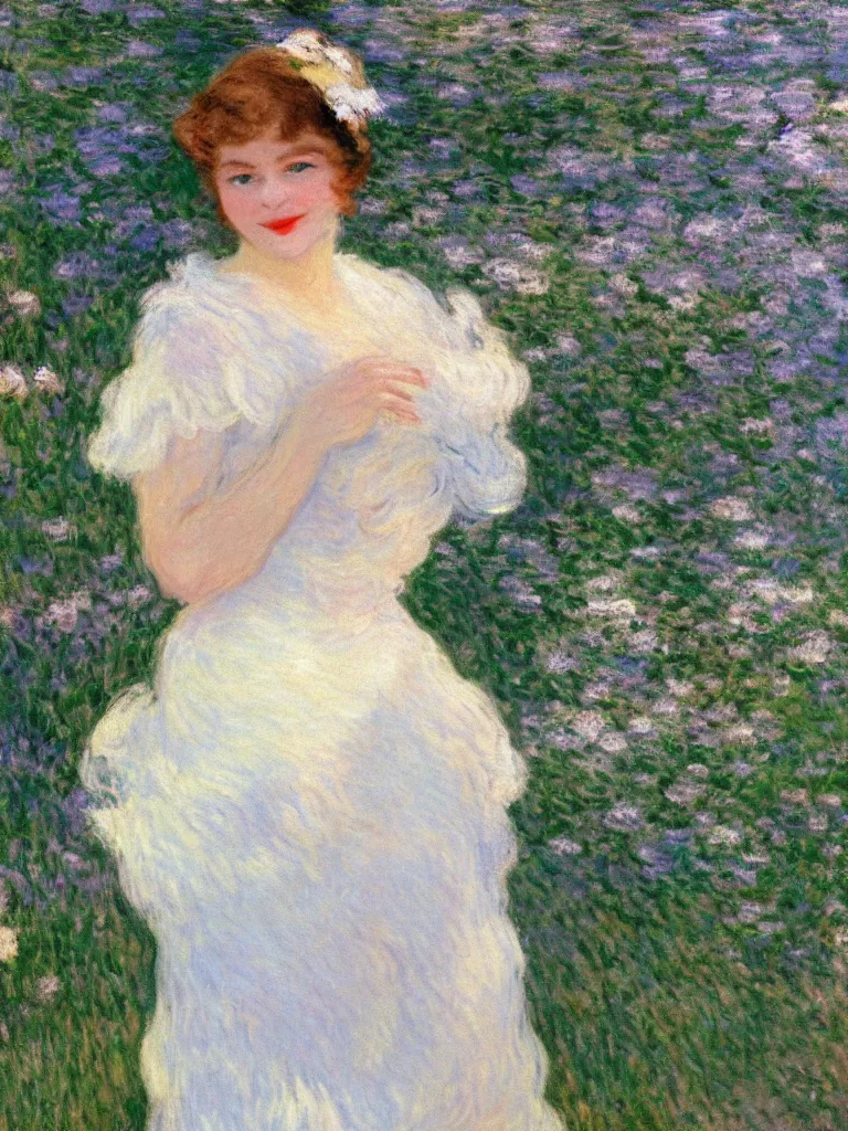 Prompt: a beautiful young frog, wearing 1 9 2 0 s fashion, brown hair, slim, fair, turning her head and smiling, severe out of focus, depth of field, azure sky, fluffy white clouds, pleinairism, in the sun, backlit, oil on canvas, by monet, in the style of le promenade, impressionnisme